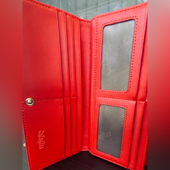 Women Callaghan tri-fold cowhide split leather wine red and creamy white clutch - Picture 8 of 12